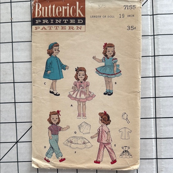 Butterick printed doll clothes pattern 7155, vintage ca. 1950's - Picture 1 of 6